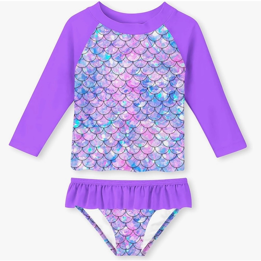 🦌 New Mermaid Scales Kids Swim Suit Set Rashgaurd UPF 50